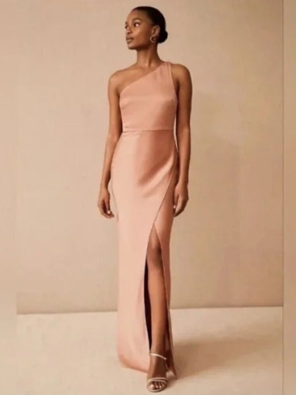 BHLDN Dylan One-Shoulder Satin Side-Slit Gown in Sedona 14